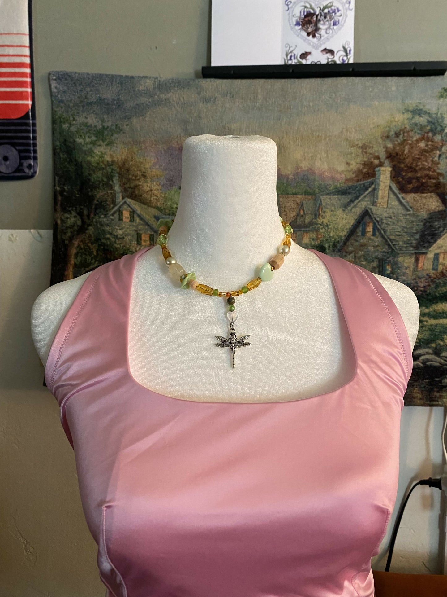 Dragonfly necklace with mushrooms