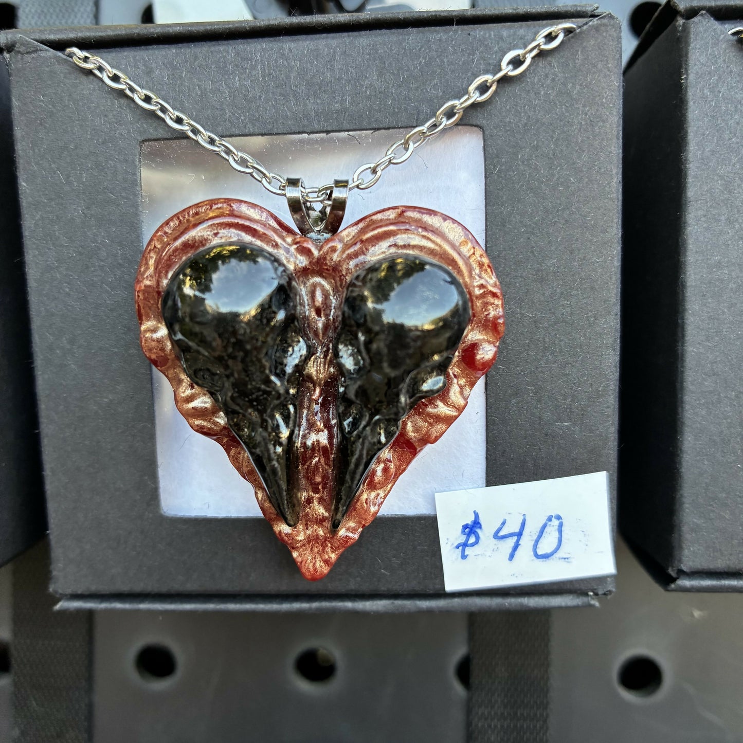 Black on red double raven skulls heart