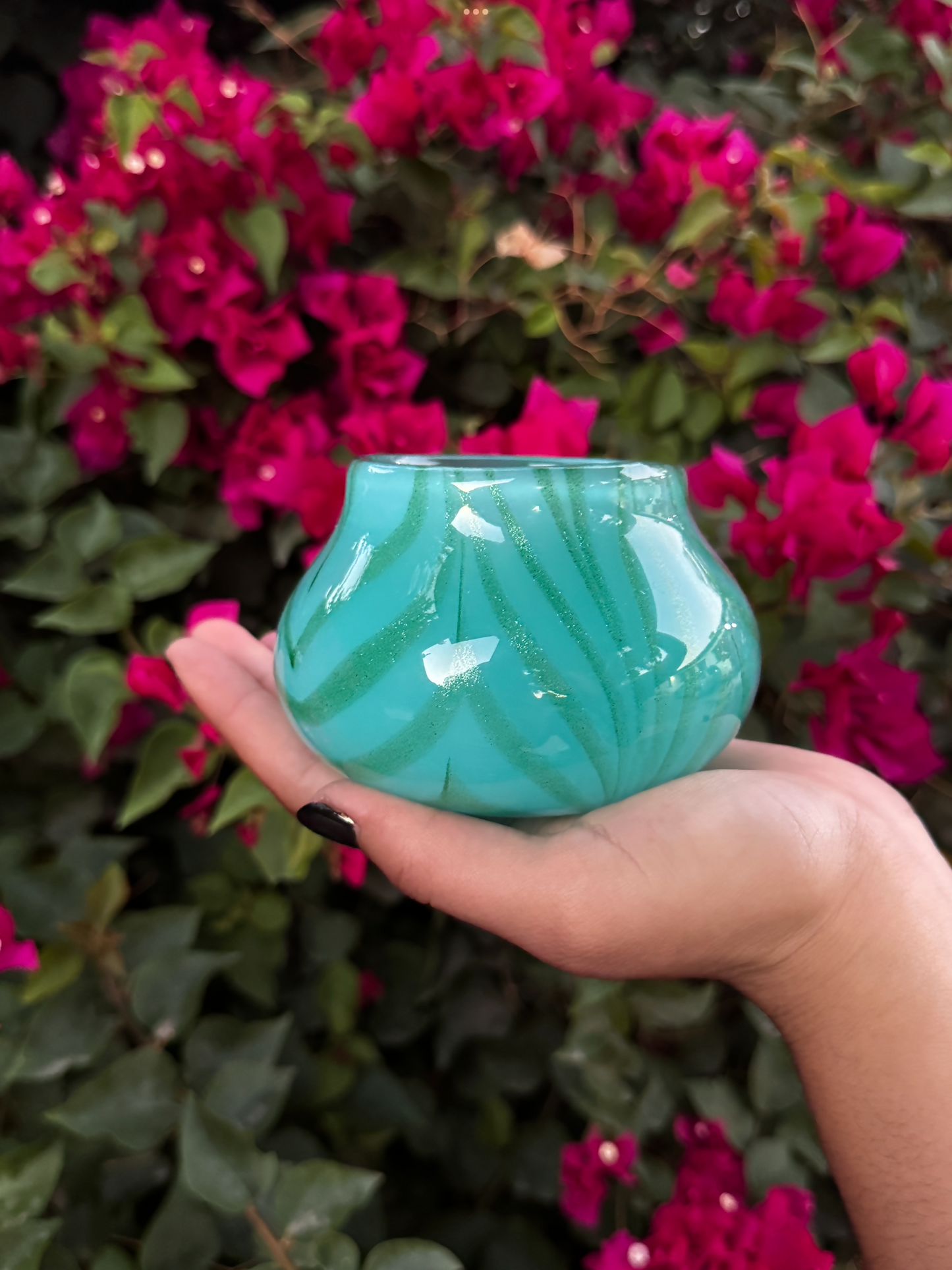 Short blue and green sparkle vase