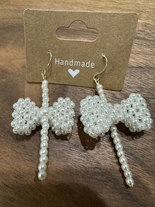 White Beaded Bow Earrings