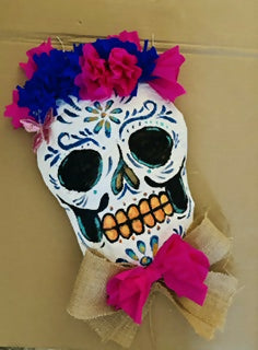 Dia de Los Muertos Blue and Pink flower Sugar Skull Wall Art