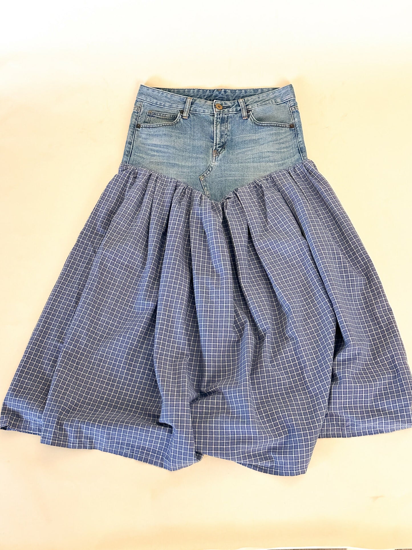 Reworked Denim Basque Waist Skirt