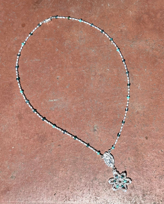 Blue Beaded Rosary Necklace