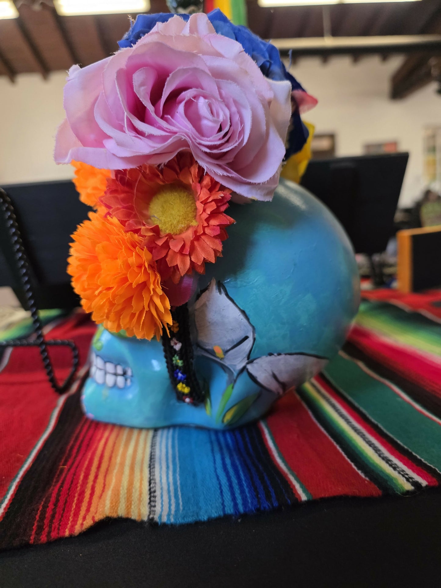 Blue Calavera with flowers