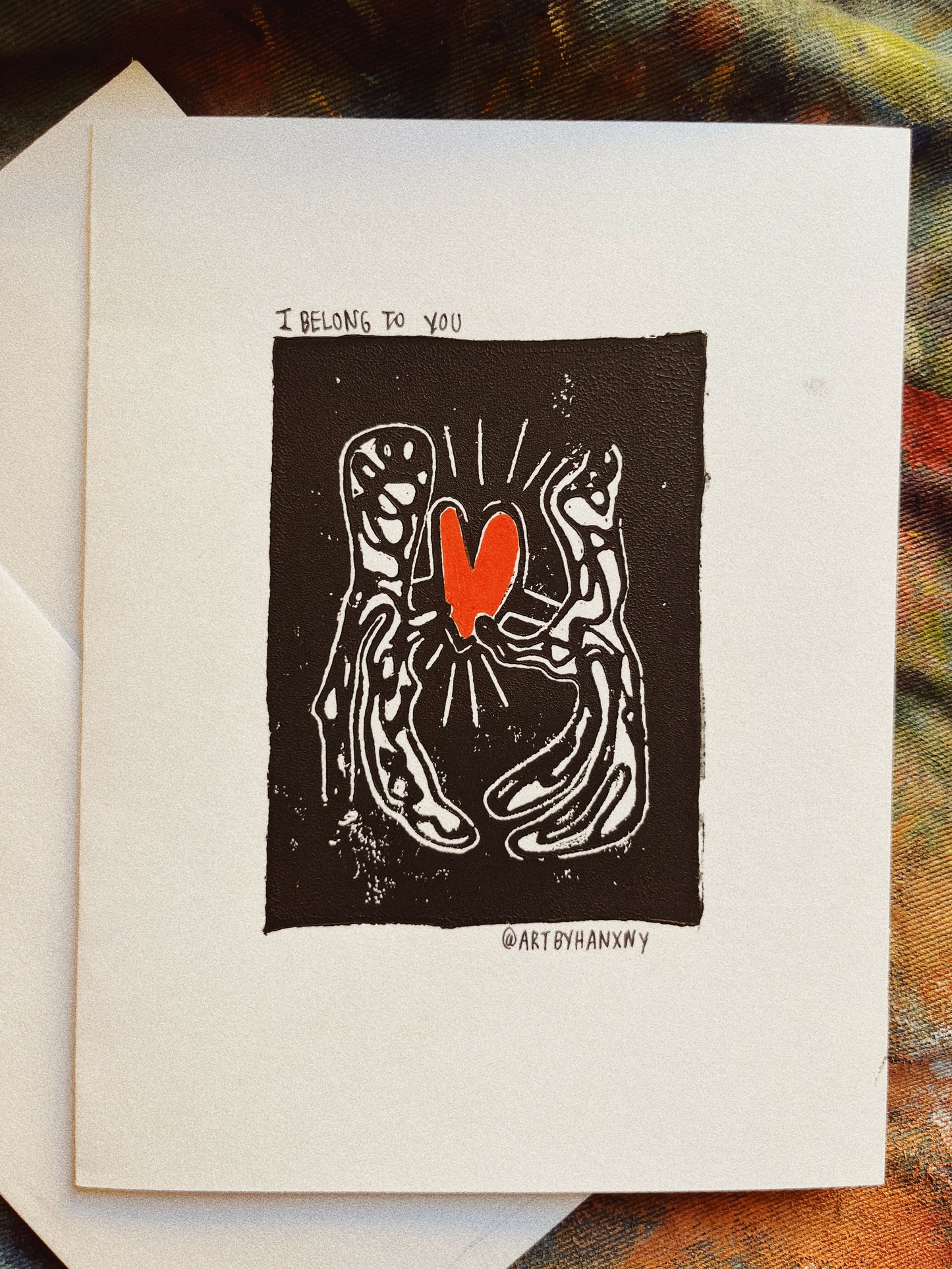 i belong to you - linoleum print card