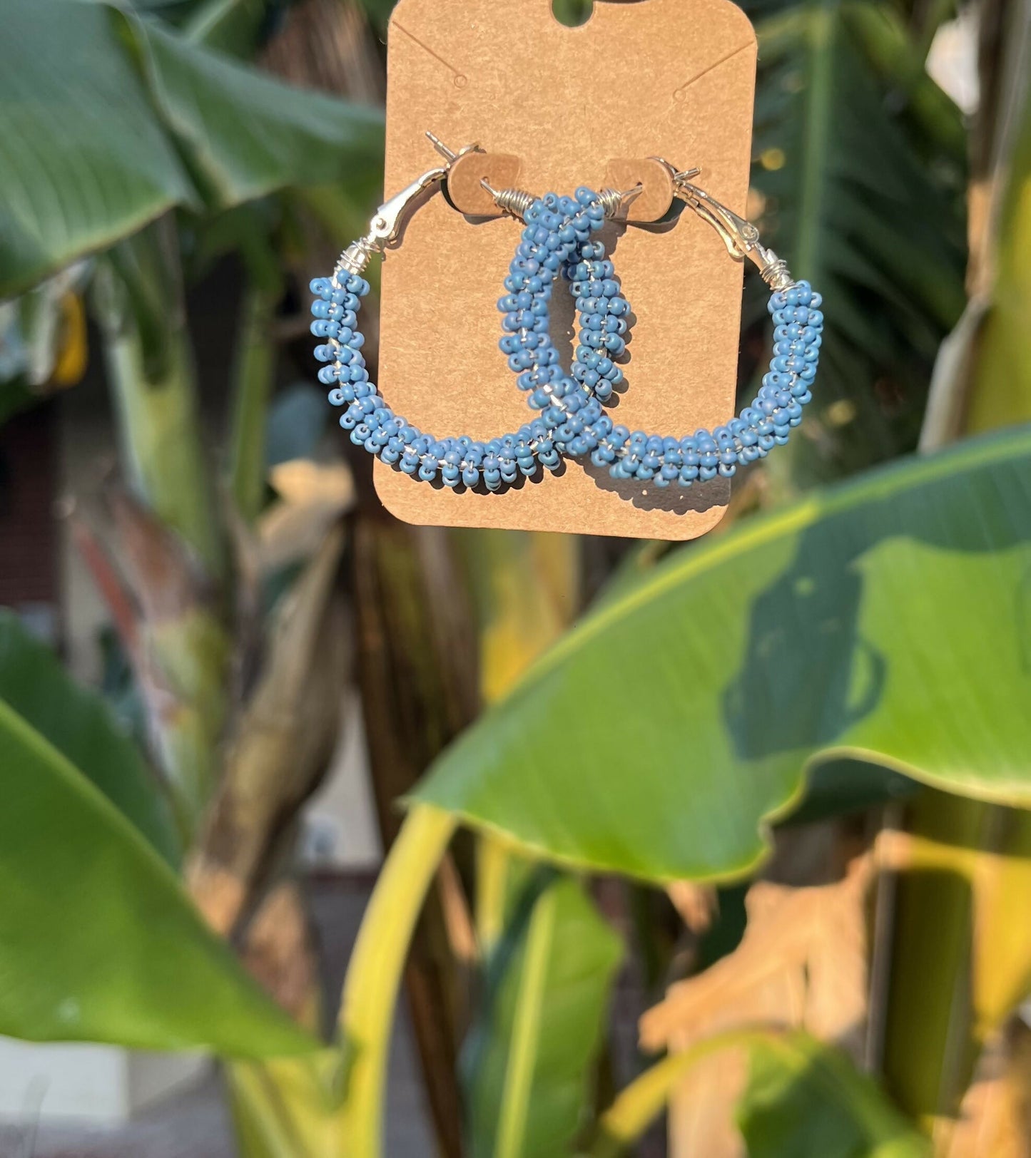 Small Sky Blue Hoop Beaded Earrings