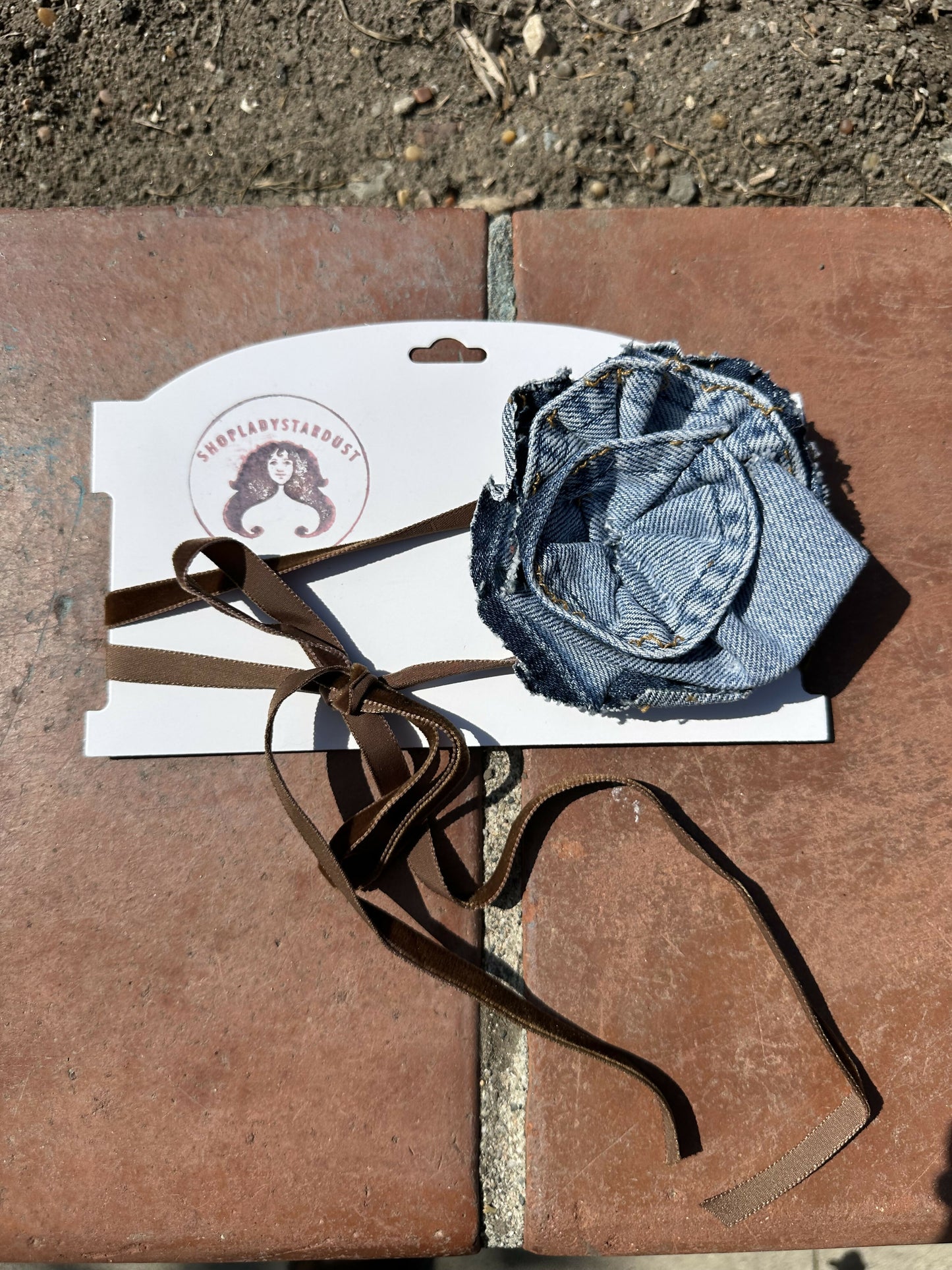 Denim Rosette Choker Brown Velvet Ribbon