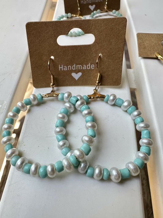 Teal and Pearl Beaded Hoop Earrings