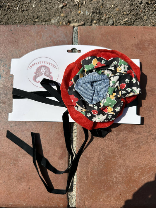 Red and Black Floral Rosette Choker Black Velvet Ribbon