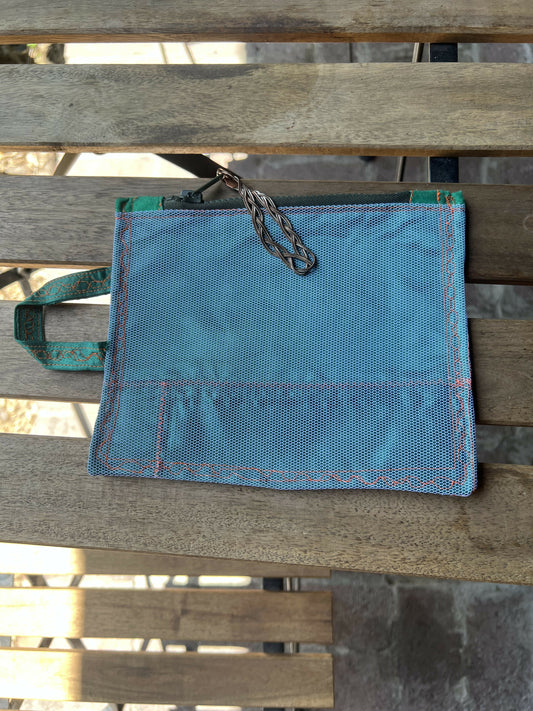 Green Silk and White Netting Pouch