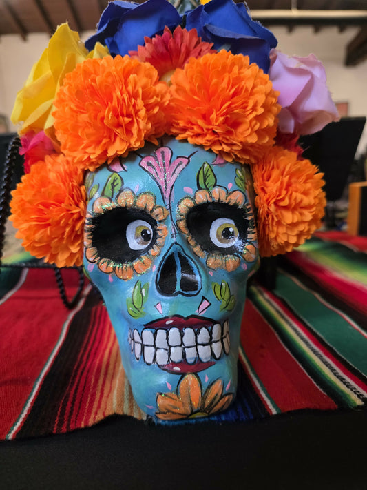 Blue Calavera with flowers